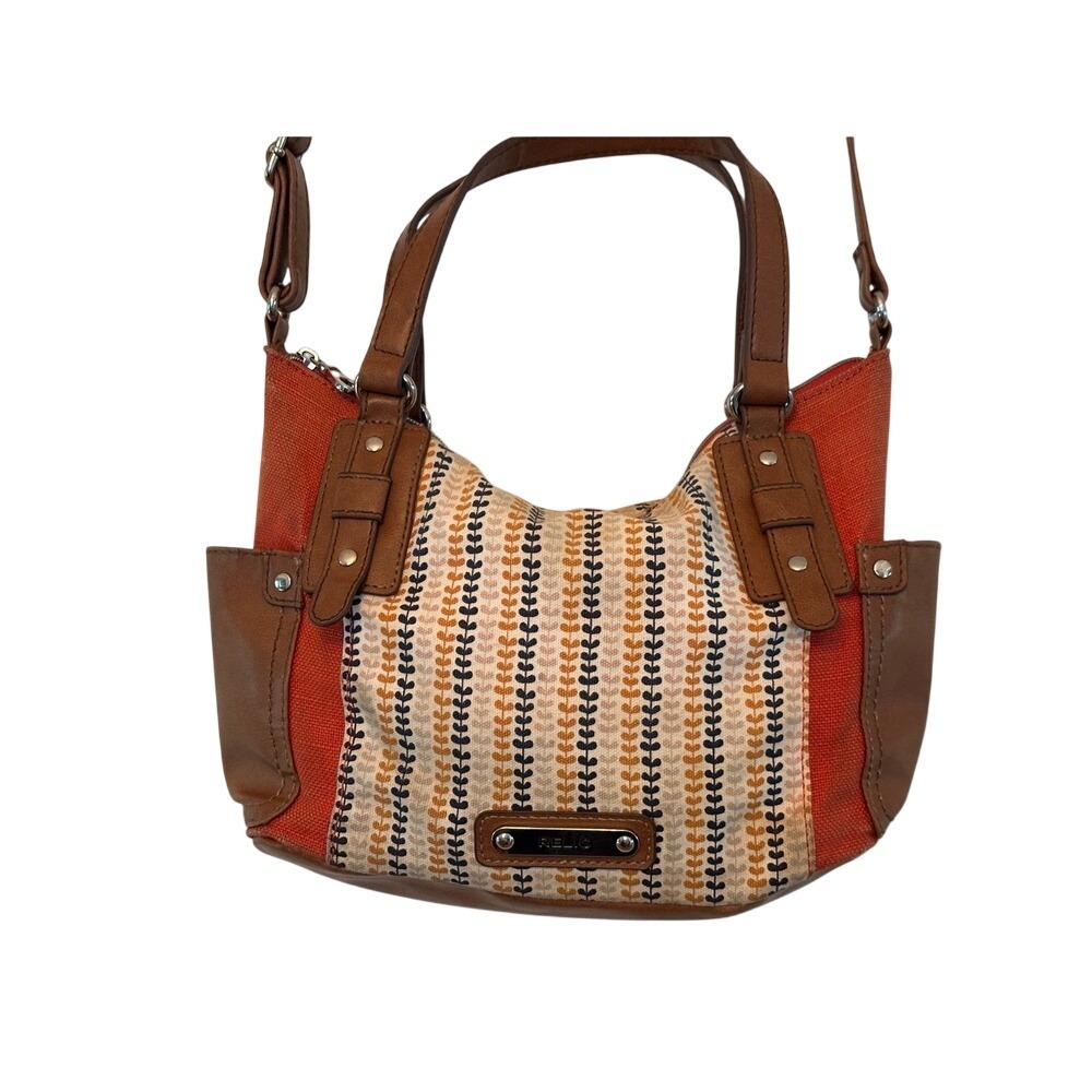 Relic Crossbody Satchel Bag Wmns Medium Orange Brown Leaf Print Canvas Excellent
